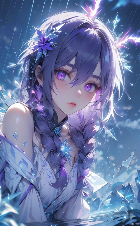  (ice:1.5), 1girl,urple hair, purple eyes, (blue fire,magic),(glowing eyes:1.3), chest,electricity, lightning, purple magic, aura,Close-up,Off Shoulder,Front view, backlight,looking at viewer,braids,very long hair,hair flowe,tarry sky ,water,Rain,night, white pantyhose, (\shuang hua\)