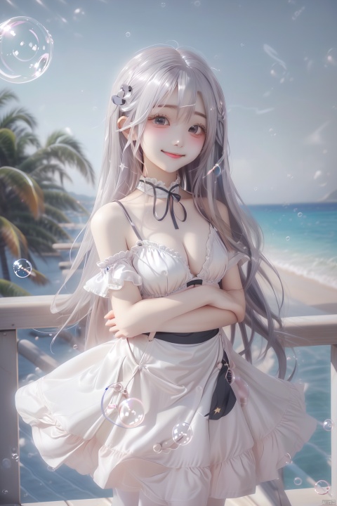  (bubble:1.5),masterpiece, best quality, incredibly_absurdres,1 girl, cowboy_shot,standing,high detail,high details,depth of field,perspective,foreshortening,ray tracing,medium_breasts,outdoors,sky,smile,^o^,backlight, white dress,sleeveless dress,sparkling eyes,hug,girl, cozy anime,1girl,black skirt,bare shoulders,(frilled waist apron),(white pantyhose),black footwear,(loli:1.3),female child,outdoor,(night:1.3),sky,(star),(star \(sky\):1.2),ocean,beach,trees,building,light,depth of field,wind,cowboy shot,light smile, , ray tracing, simple drawing, (\meng ze\)