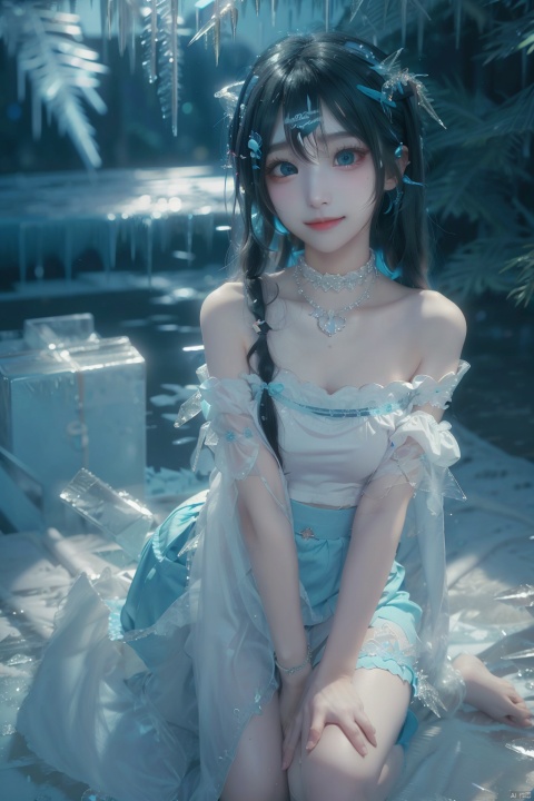  (ice:1.5), 1girl, solo, long hair, looking at viewer, blush, smile, open mouth, bangs, blue eyes, skirt, shirt, jewelry, very long hair, blue hair, collarbone, white shirt, short sleeves, :d, choker, puffy sleeves, virtual youtuber, necklace, off shoulder, star \(symbol\), blue skirt, black choker, black background, green skirt, railing, off-shoulder shirt, print skirt, aqua skirt, (\shuang hua\), Light master