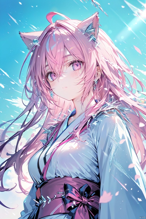  (ice:1.5),1girl,solo,cuty face,Beautiful detailed eye,,upper body,ray tracing,Reflected light,(very detailed light),(Beautiful Lighting)++++(best quality),masterpiece, best quality,medium breasts,best quality,beautiful detailed eyes,(pink hair), wavy hair,disheveled hair,cat ears,messy hair, long bangs, hairs between eyes,extremely detailed, floating hair,highleg,solo, best quality, masterpiece, highres, original, extremely detailed wallpaper,{an extremely delicate and beautiful}, pink eyes, {beautiful eyes},kimono, (\shuang hua\)