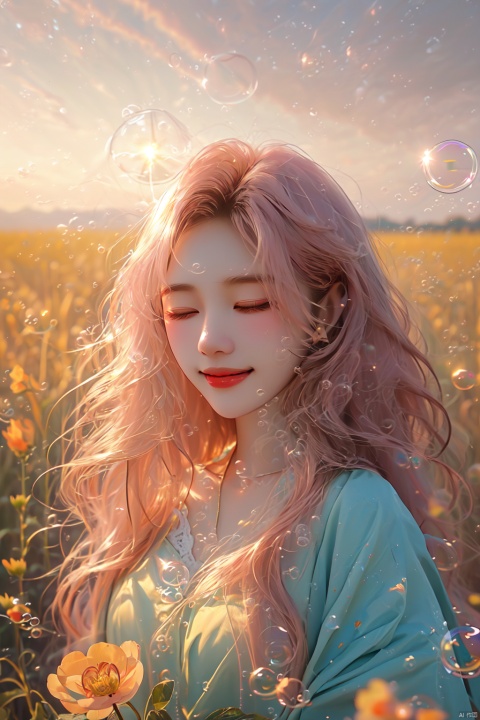 (bubble:1.5), (drawn by Lynn Okamoto),center frame, sharp focus, (panorama, wide shot), best quality, masterpiece, extremely detailed, detailed background, (from above:1.2), 1girl, solo, pink hair, closed eyes, smile, open mouth, skirt, long hair, wavy hair, on side, fluffy hair, , french , blush, smile, capelet, lace trim, bodice, sunset, long dress, dusk, scenery, gold sky, high place, horizon, wheat field, wheat ears, wind, wind blow, looking at viewer, (depth of field), bokeh, (holding a flower:1.3), (holding:1.2),(medium):0.5,
, (\meng ze\)