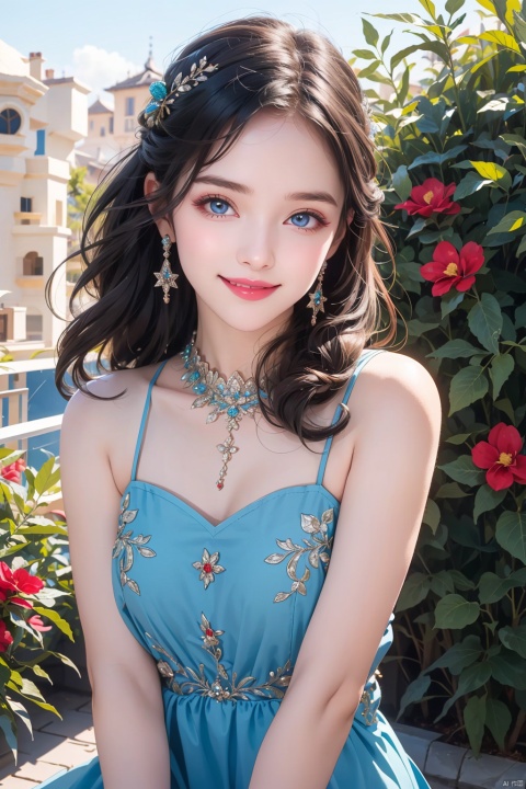 1girl, Beautiful eyes, detailed eyes, big eyes, grin, fine face,christmas party outfit //Fashion (Georges Hobeika :1.3), //Background Beautiful blue sky, calm sunshine, flower garden