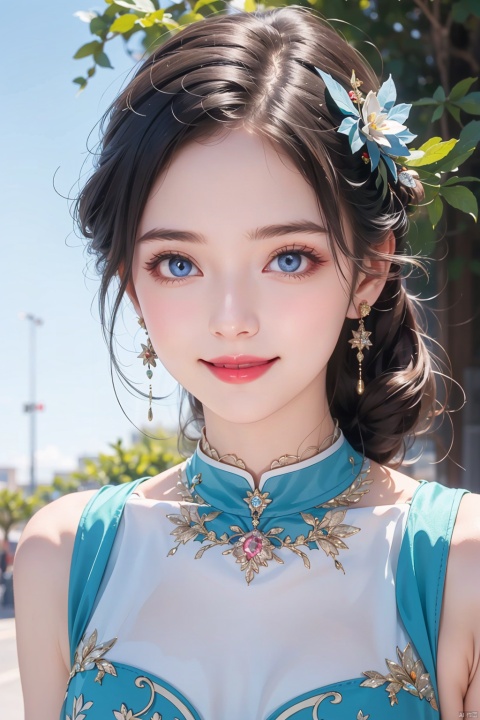 1girl, Beautiful eyes, detailed eyes, big eyes, grin, fine face,christmas party outfit //Fashion (Georges Hobeika :1.3), //Background Beautiful blue sky, calm sunshine, flower garden
