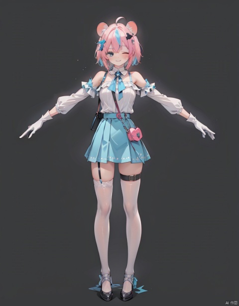 1girl, solo, breasts, looking at viewer, smile, short hair, bangs, blue eyes, skirt, simple background, shirt, hair ornament, thighhighs, gloves, long sleeves, white background, animal ears, bare shoulders, closed mouth, blue hair, standing, tail, full body, white shirt, pink hair, ahoge, heart, multicolored hair, frills, one eye closed, shoes, sleeveless, black gloves, puffy sleeves, virtual youtuber, off shoulder, bag, black footwear, white thighhighs, zettai ryouiki, streaked hair, thigh strap, green skirt, puffy long sleeves, handbag, shoulder bag, mouse ears