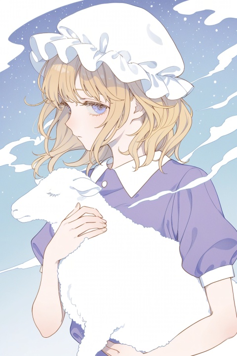 maribel hearn,mob cap,hugging sheep,sideways glance,head tilt,sleepy,dutch angle,
upper body,profile,
eyelashes,negative space,cosmic,blending,
solo,wind,floating,dynamic angle,fog,(pale colors),
(cosmic_(crownclowncosmic)),(aspara),(natsume_(menthol)),(syokuuuuuuuuumura:0.7),(komiya_kuniharu:0.8),dot nose,