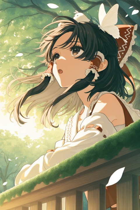 (upper body),solo,1girl,(hakurei_reimu),black hair,brown eyes,medium hair,long sidelocks,hair tubes,floating hair,
eyes focus,bored,against railing,white butterfly on head,open mouth,reaching,
from below,side view,perspective,
looking up,looking afar,((falling petals)),
moss,tree,(shade),wind,
warm light,nature,
cosmic_(crownclowncosmic),natsume_(menthol),keishin,cuso4_suiwabutu,