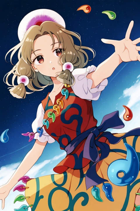 tamatsukuri misumaru,magatama,reaching,
upper body,
eyelashes,
solo,wind,floating,dynamic angle,dynamic pose,
(uninosono:0.8),(mozukuzu_(manukedori):0.5),(cosmic_(crownclowncosmic):0.8),(aspara:0.8),(kishida_mel:0.6),