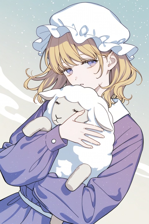 maribel hearn,mob cap,hugging sheep,sideways glance,head tilt,sleepy,dutch angle,
upper body,profile,
eyelashes,negative space,cosmic,blending,
solo,wind,floating,dynamic angle,fog,(pale colors),
(cosmic_(crownclowncosmic)),(aspara),(natsume_(menthol)),(syokuuuuuuuuumura:0.7),(komiya_kuniharu:0.8),dot nose,