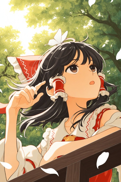 (upper body),solo,1girl,(hakurei_reimu),black hair,brown eyes,medium hair,long sidelocks,hair tubes,floating hair,
eyes focus,bored,against railing,arm support,white butterfly on head,open mouth,hand up,reaching,
from below,side view,perspective,
looking up,looking afar,falling petals,
moss,tree,shade,wind,
warm light,nature,
cosmic_(crownclowncosmic),natsume_(menthol),keishin,cuso4_suiwabutu,