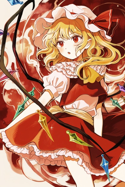 flandre scarlet,
(upper body),
solo,wind,floating,dynamic pose,dynamic angle,
(uninosono:0.8),(mozukuzu_(manukedori):0.5),(cosmic_(crownclowncosmic):0.8),(aspara:0.8),