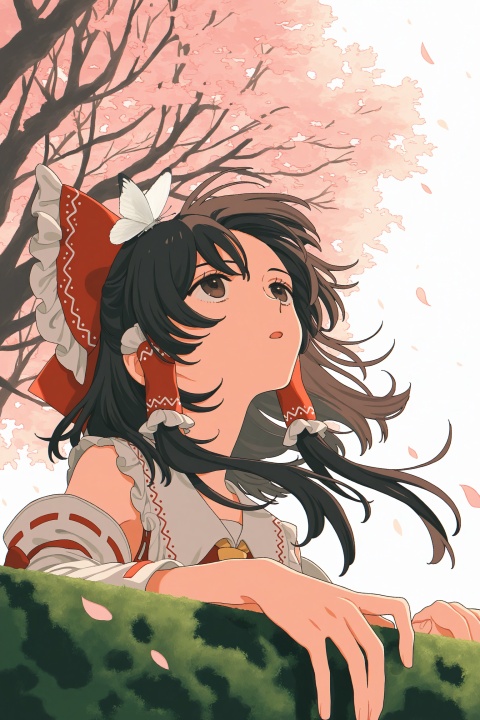 (upper body),solo,1girl,(hakurei_reimu),black hair,brown eyes,medium hair,long sidelocks,hair tubes,floating hair,
eyes focus,bored,against railing,arm support,white butterfly on head,open mouth,hand up,reaching,
from below,side view,perspective,
looking up,looking afar,falling petals,
moss,tree,shade,wind,
warm light,nature,
cosmic_(crownclowncosmic),natsume_(menthol),keishin,cuso4_suiwabutu,