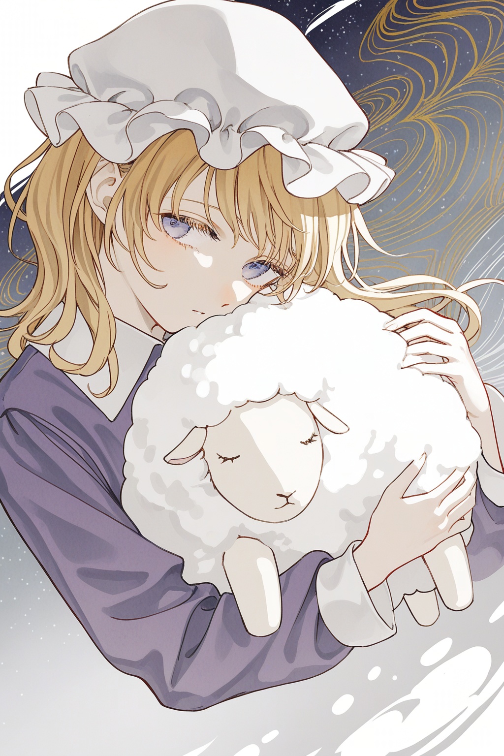 maribel hearn,  mob cap,  hugging sheep by ①⑨ on Tensor.Art