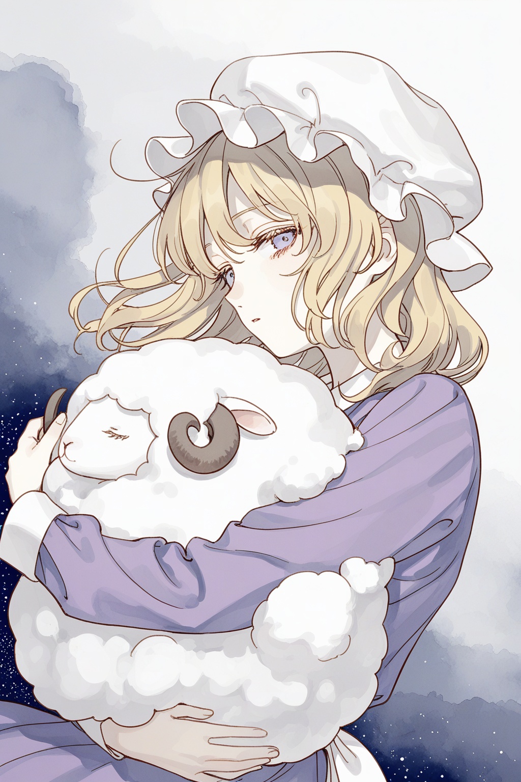 maribel hearn,  mob cap,  hugging sheep by ①⑨ on Tensor.Art