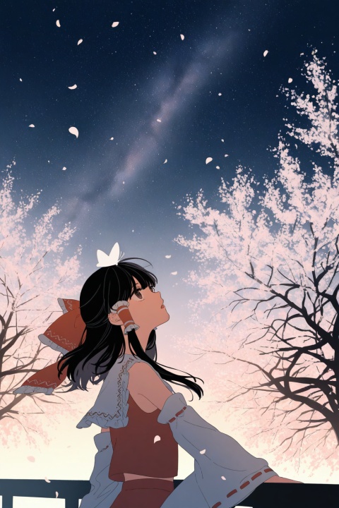 (upper body),solo,1girl,(hakurei_reimu),black hair,brown eyes,medium hair,long sidelocks,hair tubes,floating hair,
eyes focus,bored,against railing,white butterfly on head,open mouth,reaching,
from below,side view,perspective,
looking up,looking afar,((falling petals)),
moss,tree,(shade),wind,
warm light,nature,starry sky,blending,
cosmic_(crownclowncosmic),natsume_(menthol),keishin,cuso4_suiwabutu,