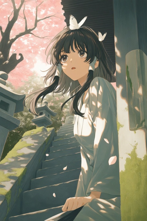 (upper body),solo,1girl,(hakurei_reimu:0.3),black hair,brown eyes,medium hair,long sidelocks,hair tubes,
eyes focus,sitting on stairs,bored,arm support,white butterfly on head,open mouth,
from below,side view,perspective,
turning head,looking up,looking afar,holding petal,
moss,stairs,stone lantern,tree,shade,
warm light,nature,
cosmic_(crownclowncosmic),natsume_(menthol),keishin,cuso4_suiwabutu,