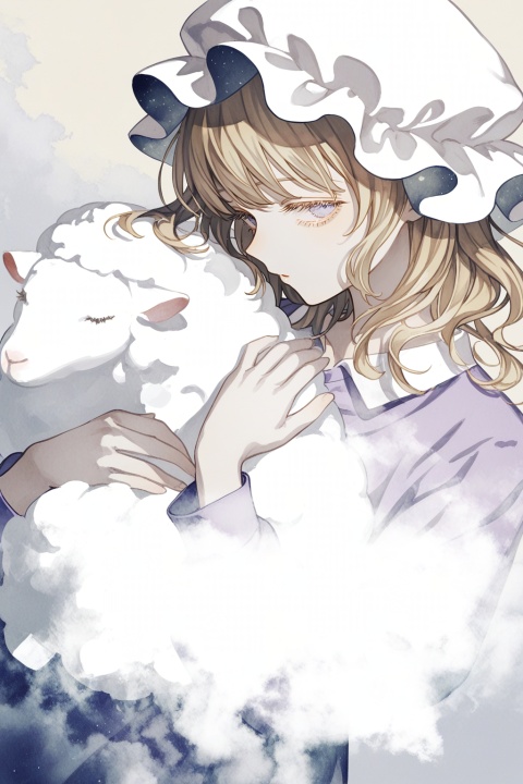 maribel hearn,mob cap,hugging sheep,sideways glance,head tilt,sleepy,dutch angle,
upper body,profile,
eyelashes,blending,,abstract,
solo,wind,floating,dynamic angle,fog,pale colors,
(cosmic_(crownclowncosmic)),(aspara),(natsume_(menthol)),(syokuuuuuuuuumura:0.7),(komiya_kuniharu:0.8),dot nose,