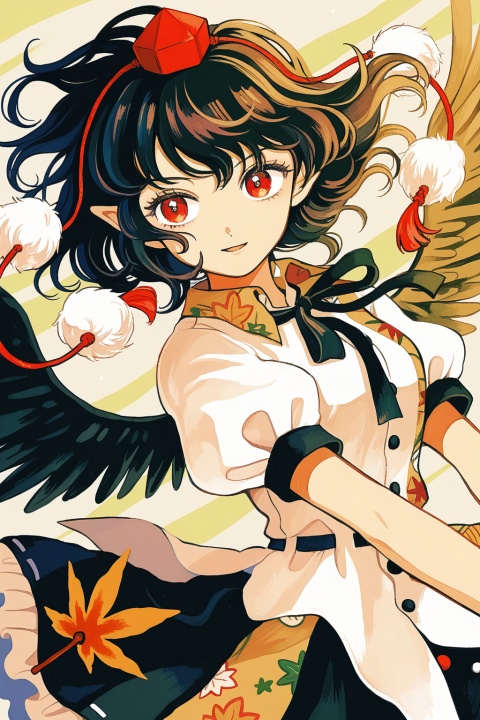 shameimaru aya,
upper body,
eyelashes,
solo,wind,floating,dynamic angle,dynamic pose,
(uninosono:0.8),(mozukuzu_(manukedori):0.5),(cosmic_(crownclowncosmic):0.8),(aspara:0.8),
