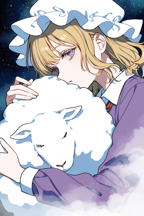 maribel hearn,mob cap,hugging sheep,sideways glance,head tilt,sleepy,dutch angle,
upper body,profile,
eyelashes,cosmic,blending,
solo,wind,floating,dynamic angle,fog,(pale colors),
(cosmic_(crownclowncosmic)),(aspara),(natsume_(menthol)),(syokuuuuuuuuumura:0.7),(komiya_kuniharu:0.8),dot nose,