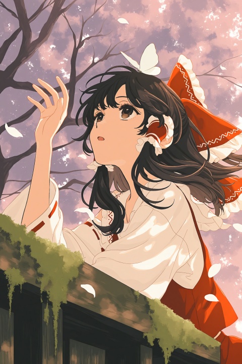 (upper body),solo,1girl,(hakurei_reimu),black hair,brown eyes,medium hair,long sidelocks,hair tubes,floating hair,
eyes focus,bored,against railing,arm support,white butterfly on head,open mouth,hand up,reaching,
from below,side view,perspective,
looking up,looking afar,falling petals,
moss,tree,shade,wind,
warm light,nature,
cosmic_(crownclowncosmic),natsume_(menthol),keishin,cuso4_suiwabutu,