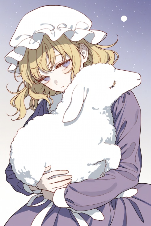 maribel hearn,mob cap,hugging sheep,sideways glance,head tilt,sleepy,dutch angle,
upper body,profile,
eyelashes,cosmic,blending,
solo,wind,floating,dynamic angle,fog,(pale colors),
(cosmic_(crownclowncosmic)),(aspara),(natsume_(menthol)),(syokuuuuuuuuumura:0.7),(komiya_kuniharu:0.8),dot nose,