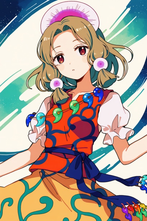 tamatsukuri misumaru,magatama,
upper body,
eyelashes,
solo,wind,floating,dynamic angle,dynamic pose,
(uninosono:0.8),(mozukuzu_(manukedori):0.5),(cosmic_(crownclowncosmic):0.8),(aspara:0.8),