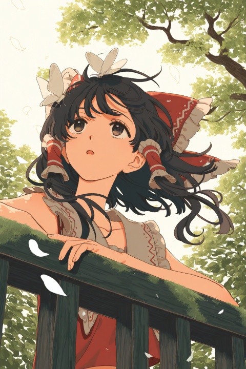 (upper body),solo,1girl,(hakurei_reimu),black hair,brown eyes,medium hair,long sidelocks,hair tubes,floating hair,
eyes focus,bored,against railing,arm support,white butterfly on head,open mouth,reaching,
from below,side view,perspective,
looking up,looking afar,falling petals,
moss,tree,shade,wind,
warm light,nature,
cosmic_(crownclowncosmic),natsume_(menthol),keishin,cuso4_suiwabutu,