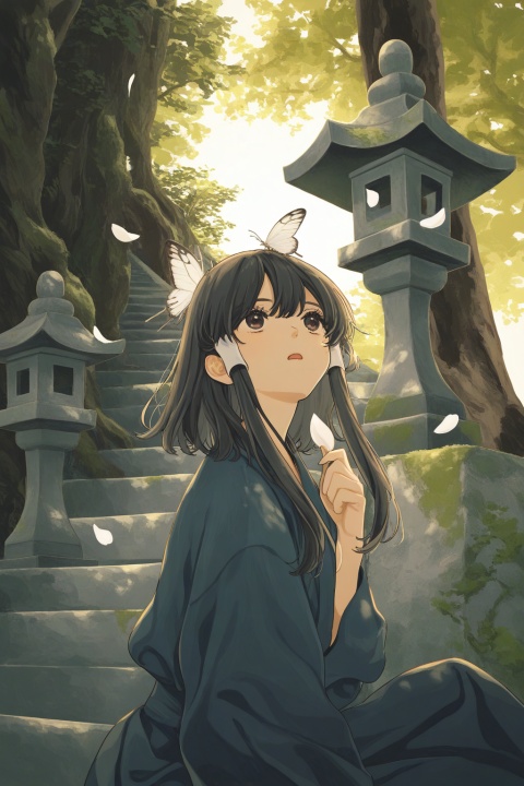 (upper body),solo,1girl,(hakurei_reimu:0.3),black hair,brown eyes,medium hair,long sidelocks,hair tubes,
eyes focus,sitting on stairs,bored,arm support,white butterfly on head,open mouth,
from below,side view,perspective,
turning head,looking up,looking afar,holding petal,
moss,stairs,stone lantern,tree,shade,
warm light,nature,
cosmic_(crownclowncosmic),natsume_(menthol),keishin,cuso4_suiwabutu,