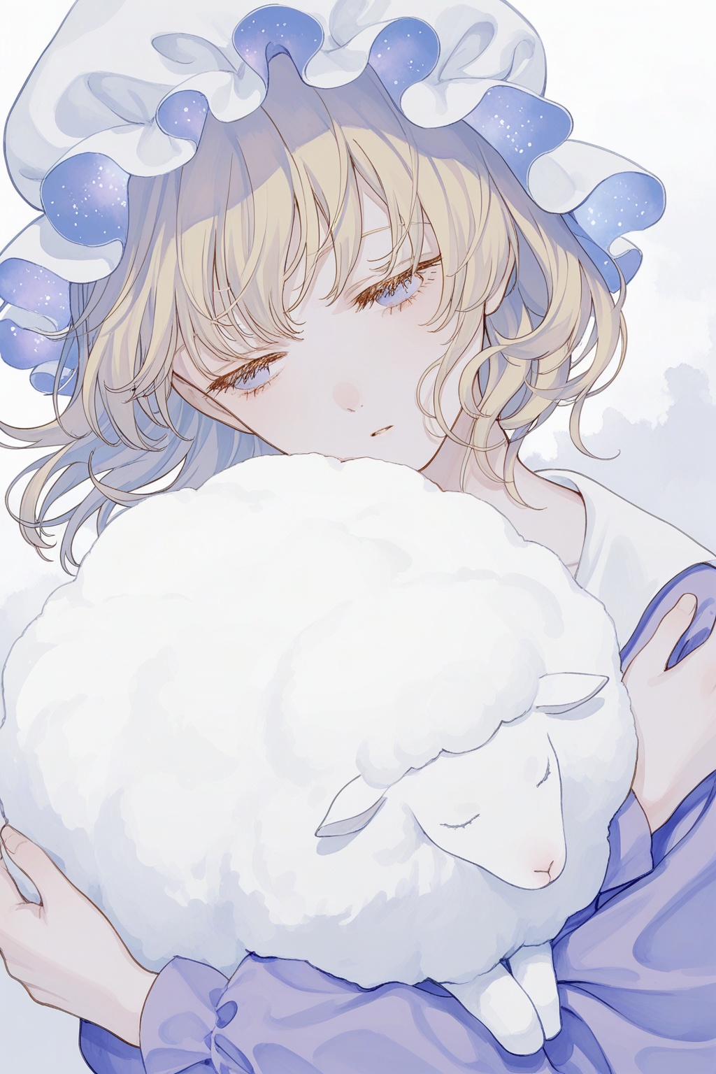 maribel hearn,  mob cap,  hugging sheep by ①⑨ on Tensor.Art