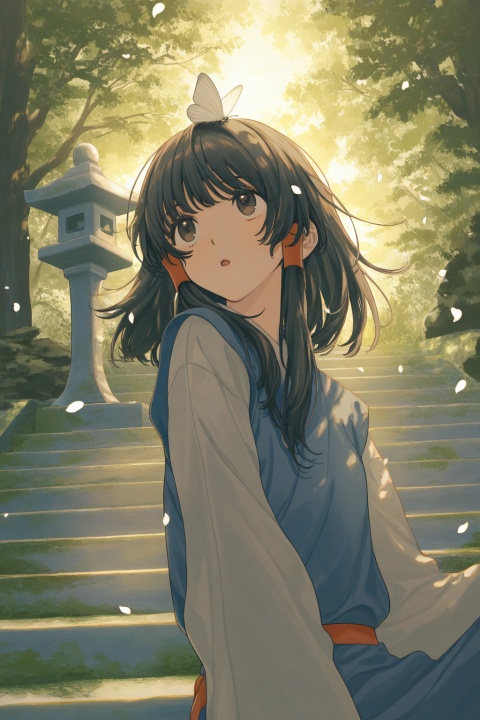 (upper body),solo,1girl,(hakurei_reimu:0.3),black hair,brown eyes,medium hair,long sidelocks,hair tubes,
eyes focus,sitting on stairs,bored,arm support,white butterfly on head,open mouth,
from below,side view,perspective,
turning head,looking up,looking afar,holding petal,
moss,stairs,stone lantern,tree,shade,
warm light,nature,
cosmic_(crownclowncosmic),natsume_(menthol),keishin,cuso4_suiwabutu,