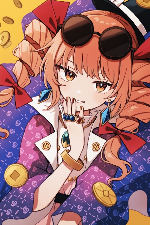 yorigami jo'on,money,,coin,seductive smile,hand to own mouth, upper body, eyelashes,negative space, solo,wind,floating,dynamic angle,dynamic pose, (uninosono:0.8),(mozukuzu_(manukedori):0.5),(cosmic_(crownclowncosmic):0.8),(aspara:0.8),