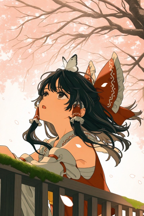 (upper body),solo,1girl,(hakurei_reimu),black hair,brown eyes,medium hair,long sidelocks,hair tubes,floating hair,
eyes focus,bored,against railing,arm support,white butterfly on head,open mouth,reaching,
from below,side view,perspective,
looking up,looking afar,((falling petals)),
moss,tree,(shade),wind,
warm light,nature,
cosmic_(crownclowncosmic),natsume_(menthol),keishin,cuso4_suiwabutu,