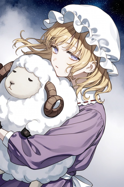maribel hearn,mob cap,hugging sheep,sideways glance,head tilt,sleepy,dutch angle,
upper body,profile,
eyelashes,negative space,cosmic,blending,
solo,wind,floating,dynamic angle,fog,pale colors,
(cosmic_(crownclowncosmic)),(aspara),(natsume_(menthol)),(syokuuuuuuuuumura:0.7),(komiya_kuniharu:0.8),dot nose,