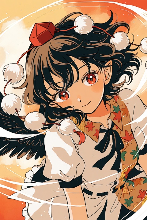 shameimaru aya,
upper body,
eyelashes,
solo,wind,floating,dynamic angle,dynamic pose,
(uninosono:0.8),(mozukuzu_(manukedori):0.5),(cosmic_(crownclowncosmic):0.8),(aspara:0.8),