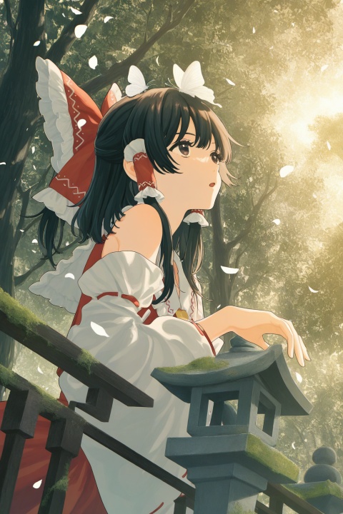 (upper body),solo,1girl,(hakurei_reimu),black hair,brown eyes,medium hair,long sidelocks,hair tubes,
eyes focus,stairs,bored,against railing,arm support,white butterfly on head,open mouth,reaching,
from below,side view,perspective,
looking up,looking afar,falling petal,
moss,stairs,stone lantern,tree,shade,
warm light,nature,
cosmic_(crownclowncosmic),natsume_(menthol),keishin,cuso4_suiwabutu,