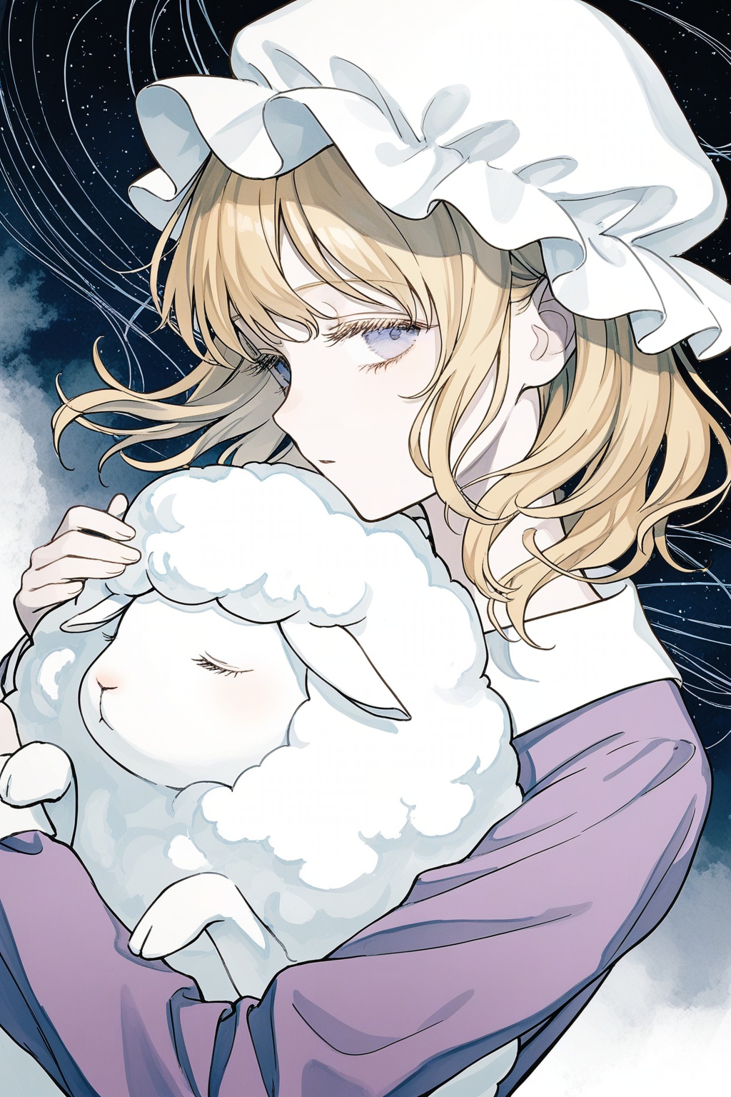 maribel hearn,  mob cap,  hugging sheep by ①⑨ on Tensor.Art