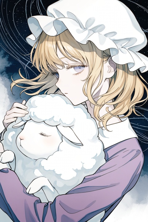 maribel hearn,mob cap,hugging sheep,sideways glance,head tilt,sleepy,dutch angle,
upper body,profile,
eyelashes,blending,,abstract,
solo,wind,floating,dynamic angle,fog,pale colors,
(cosmic_(crownclowncosmic)),(aspara),(natsume_(menthol)),(syokuuuuuuuuumura:0.7),(komiya_kuniharu:0.8),dot nose,