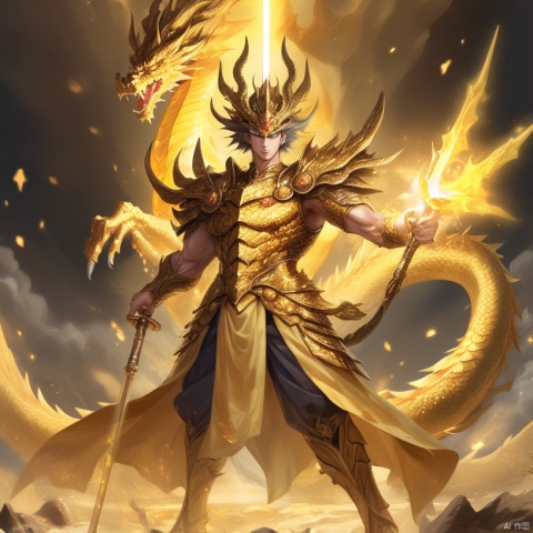  Male, with torn abdominal muscles, wearing a golden battle robe, wielding a scepter, majestic and domineering, dragon head, human body, surrounded by a golden dragon behind,