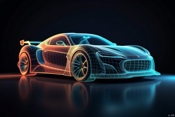  3D mesh model design drawing of sport car contour profile , cience fiction,AI,dark background,ethereal atmosphere, evocative hues, soft colors, light source contrast,