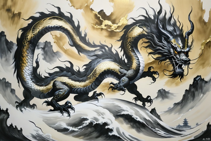  Epic Ink and wash , Chinese dragons,solo,,Upward viewing angle, black and golden and white, traditional Chinese inkpainting style, exaggerated perspective,Painting with tension, 8k, Gold wire enamel craftsmanship, in the art style on Ernest Fuches