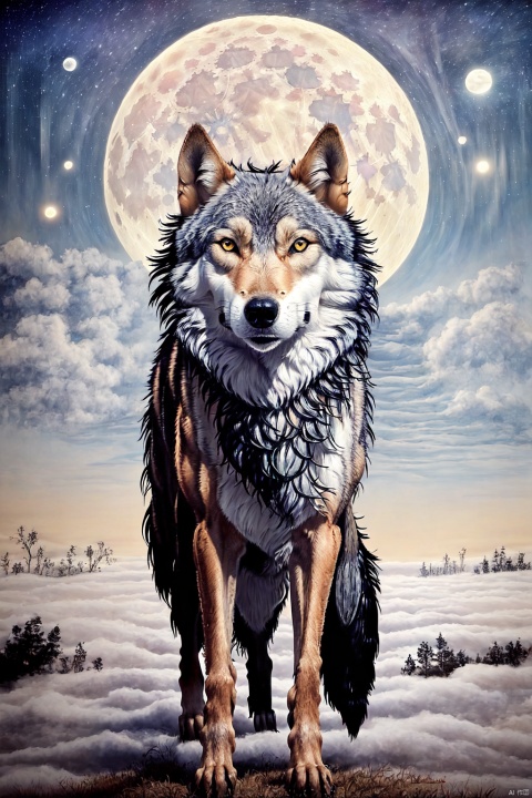  Wolf king, a bright moon, the mountain top, the wind howling, the sea of clouds surging, blue eyes, gray hair, the sky howling, aurora flashing, regal demeanor, overweening
