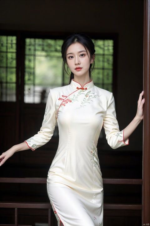  (global illumination, reality,ray tracing, HDR, unreal rendering, reasonable design, high detail, masterpiece,best quality, ultra high definition, movie lighting),
1girl,outdoor,looking_at_viewer,side_blunt_bangs,china_dress,chinese_style,big breasts,pose,solo,1girl,black hair,black eyes, cheongsam