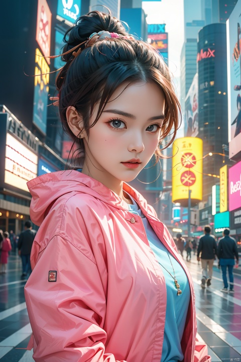 Ultra-high resolution, cinematic lighting,Woman wearing pink raincoat in Times Square,xxmix_girl,more detail XL, blue medium hair, mexican, nezha, aoguang
