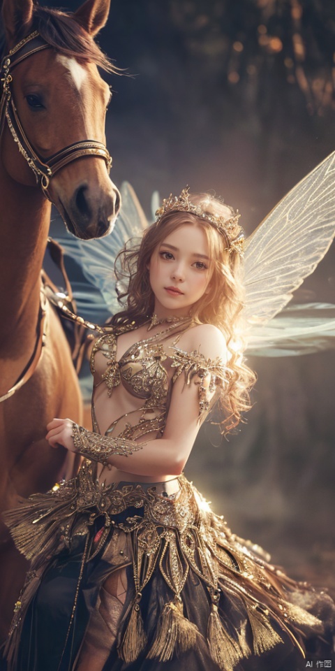  1girl,Metal wings,Fairy, crystal,jewels,dance
, depth of field, horsebackriding, horse,Holy Light
