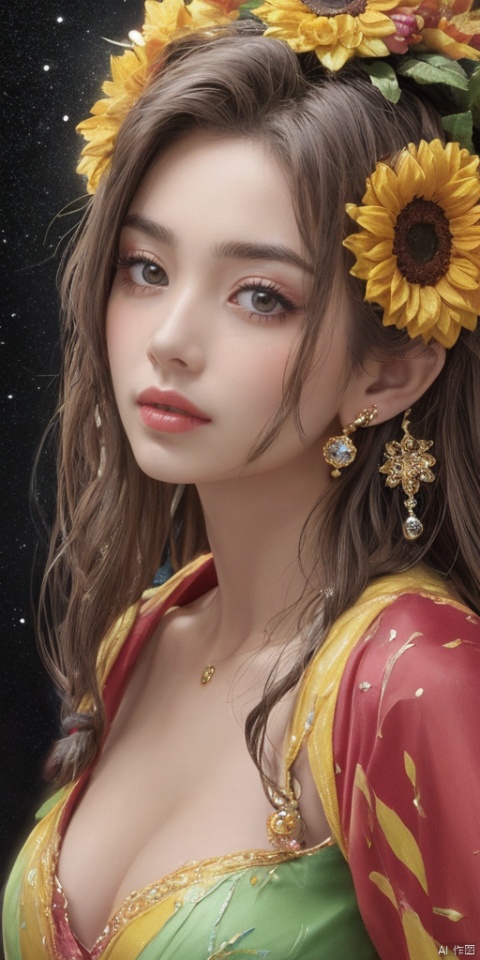  1girl,Han Chinese girls,hologram,yellow Hanfu,chinese clothes,large breasts,sunflower,jewelry, earrings,lips, makeup, portrait, eyeshadow, realistic, nose,{{best quality}}, {{masterpiece}}, {{ultra-detailed}}, {illustration}, {detailed light}, {an extremely delicate and beautiful}, a girl, {beautiful detailed eyes}, stars in the eyes, messy floating hair, colored inner hair, Starry sky adorns hair, depth of field, large breasts,cleavage,blurry, no humans, traditional media, gem, crystal, still life, Dance,movements, All the Colours of the Rainbow,zj,
simple background, shiny, blurry, no humans, depth of field, black background, gem, crystal, realistic, red gemstone, still life,
