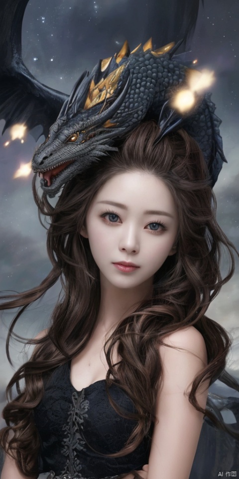  Girl and Dragon,1girl,Han Chinese girls, flower,{{best quality}}, {{masterpiece}}, {{ultra-detailed}}, {illustration}, {detailed light}, {an extremely delicate and beautiful}, a Girl and Dragon, {beautiful detailed eyes}, stars in the eyes, messy floating hair, colored inner hair, Starry sky adorns hair, depth of field, zj,