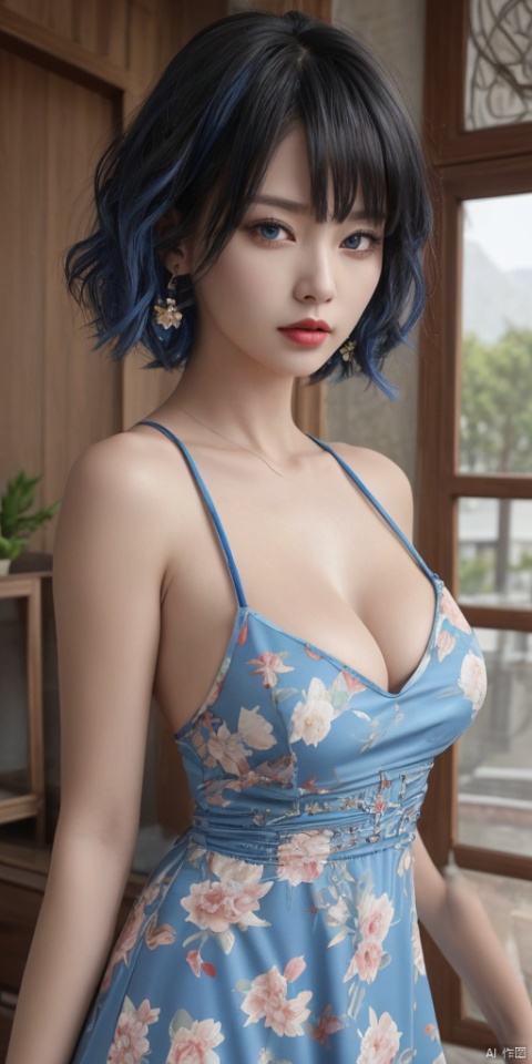  1girl, solo, looking at viewer, short hair, bangs, blue eyes, hair ornament, dress, bare shoulders, jewelry, blue hair, upper body, earrings, sleeveless, indoors, lips, sleeveless dress, blue dress, chinese clothes, floral print, china dress, red lips,Black eyes,lips, makeup, portrait, eyeshadow, realistic, nose,{{best quality}}, {{masterpiece}}, {{ultra-detailed}}, {illustration}, {detailed light}, {an extremely delicate and beautiful}, a girl, {beautiful detailed eyes}, large breasts,cleavage,zj,
