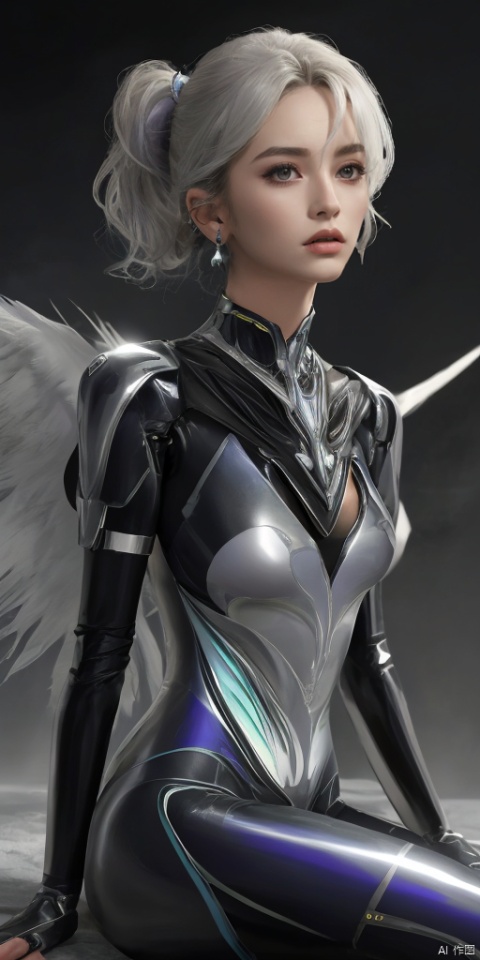  1girl, solo, short hair, simple background, black hair, jewelry, earrings, black eyes, lips, portrait, realistic,feathered wings, angel wings, white wings,All the Colours of the Rainbow,zj,{{masterpiece}}, flat chestbest quality},{highres},solo,flat_chest,a girl inside the church with white hair and blue pupil surrounded by {many} glowing {feathers} in cold face,detailed face,night with bright colorful lights whith richly layered clouds and clouded moon in the detailed sky,{a lot of glowing particles},high ponytail,mecha clothes,robot girl,cool movement,sliver bodysuit,{filigree},delicate and (intricate) hair,((sliver)) and (broken) body,blue streaked hair,full body,Depth of field, sitting on a {blue star}