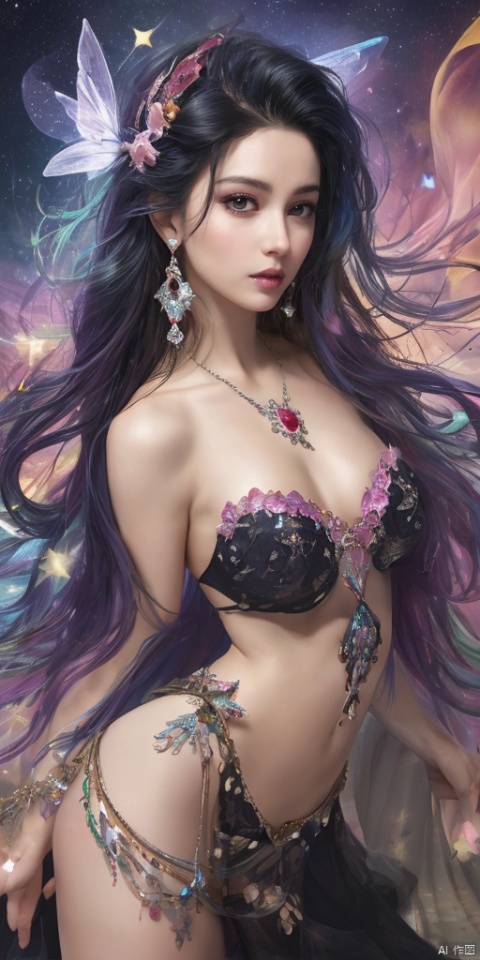  1girl, dance, Fairy, crystal, jewels,black, Crystal clear,solo, long hair, looking at viewer,black hair,jewelry, earrings,lips, makeup, portrait, eyeshadow, realistic, nose,{{best quality}}, {{masterpiece}}, {{ultra-detailed}}, {illustration}, {detailed light}, {an extremely delicate and beautiful}, a girl, {beautiful detailed eyes}, stars in the eyes, messy floating hair, colored inner hair, Starry sky adorns hair, depth of field, large breasts,cleavage,zj,
, All the Colours of the Rainbow, Girl and Dragon