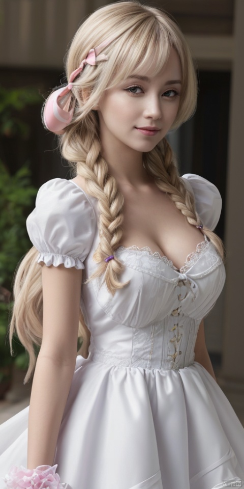  1girl, solo, long hair, looking at viewer, blush, smile, bangs, blonde hair, gloves, dress, bow, holding, hair between eyes, very long hair, closed mouth, standing, purple eyes, braid, short sleeves, hair bow, heart, frills, one eye closed, puffy sleeves, white gloves, white dress, puffy short sleeves, frilled dress, pink bow, ;\), balloon, holding balloon, heart balloon,Black eyes,lips, makeup, portrait, eyeshadow, realistic, nose,{{best quality}}, {{masterpiece}}, {{ultra-detailed}}, {illustration}, {detailed light}, {an extremely delicate and beautiful}, a girl, {beautiful detailed eyes}, large breasts,cleavage,zj,
