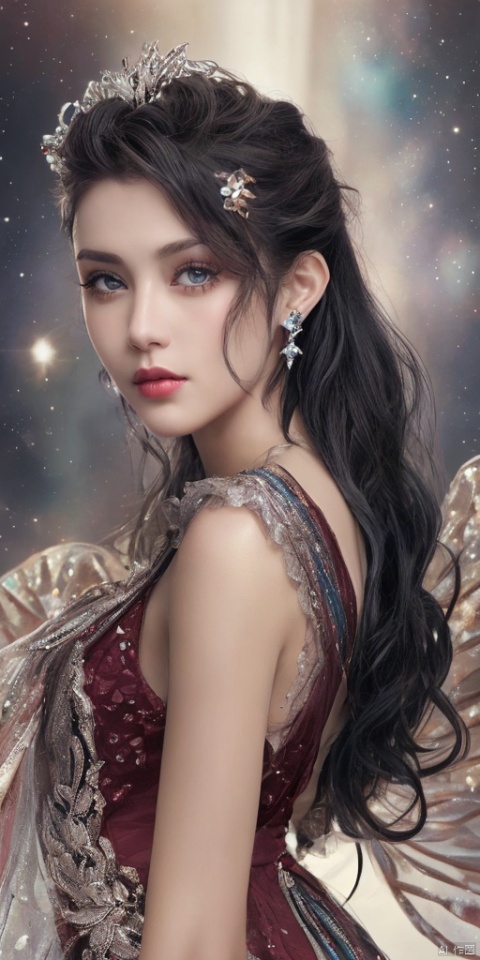  1girl, dance, Fairy, crystal, jewels,wings,All the Colours of the Rainbow, Crystal clear,solo, long hair, looking at viewer,black hair,earrings,lips, makeup, portrait, eyeshadow, realistic, nose,{{best quality}}, {{masterpiece}}, {{ultra-detailed}}, {illustration}, {detailed light}, {an extremely delicate and beautiful}, a girl, {beautiful detailed eyes}, stars in the eyes, messy floating hair, colored inner hair, Starry sky adorns hair, depth of field,zj,